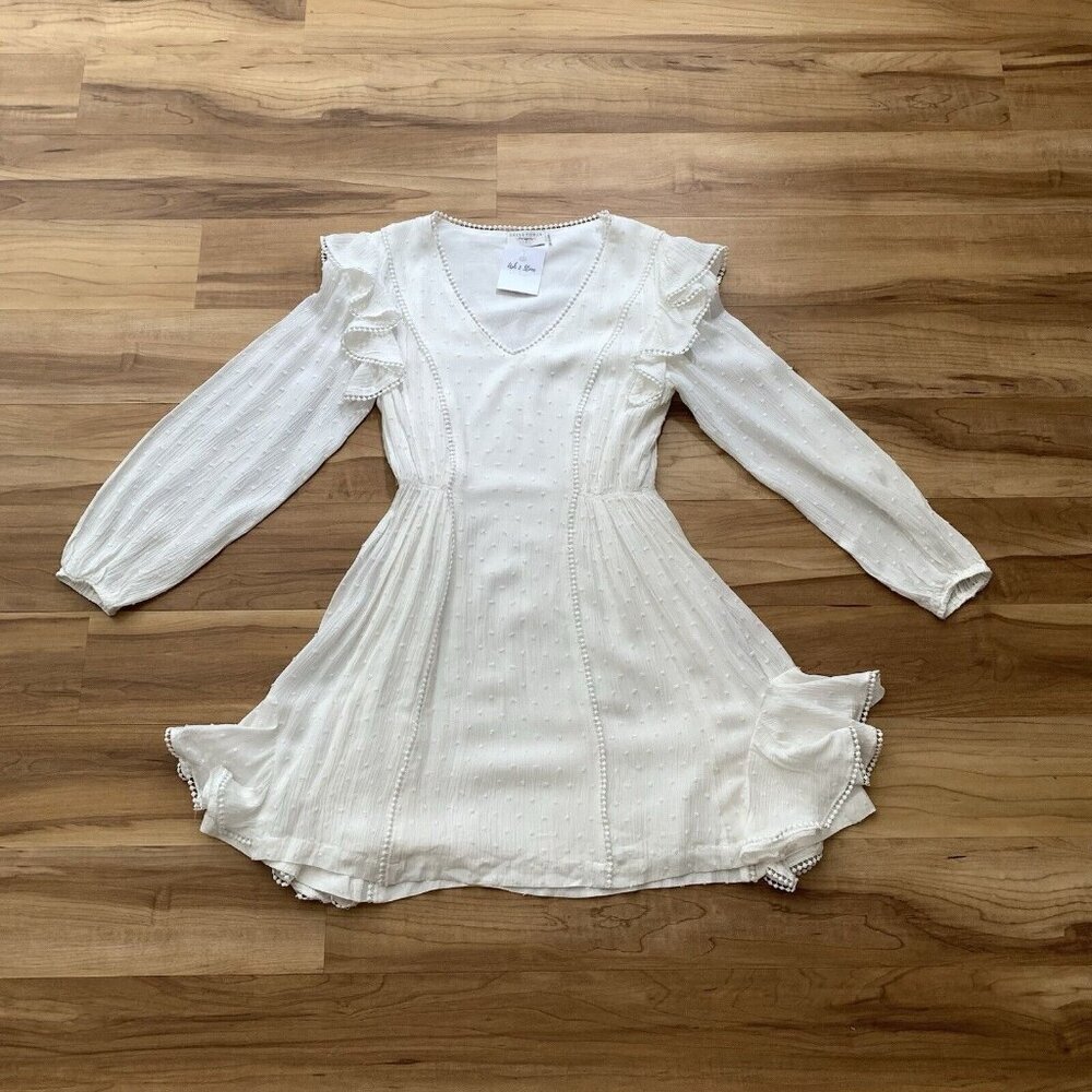 Dress Forum Small Ivory Fit And Flare Long Sleeve Ruffle Lined Dress NWT